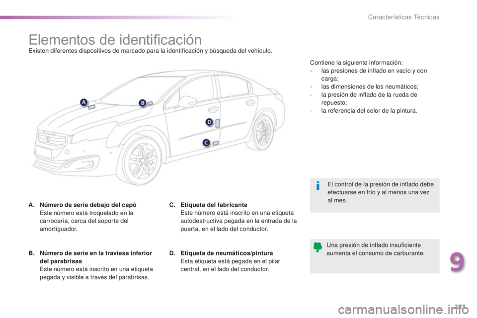 Peugeot 508 2016 Manual del propietario (in Spanish) 273
508_es_Chap09_caracteristiques-techniques_ed01-2016
Elementos de identificaciónExisten diferentes dispositivos de marcado para la identificación y búsqueda del vehículo.
A.
Núm
ero de serie Peugeot 508 2016 Manual del propietario (in Spanish) 273
508_es_Chap09_caracteristiques-techniques_ed01-2016
Elementos de identificaciónExisten diferentes dispositivos de marcado para la identificación y búsqueda del vehículo.
A.
Núm
ero de serie