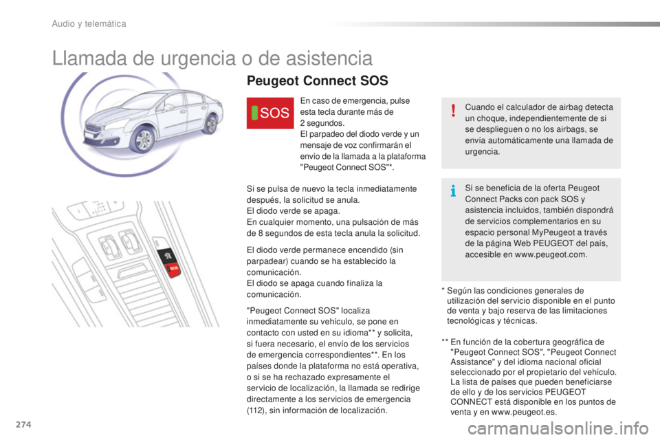 Peugeot 508 2016 Manual del propietario (in Spanish) 274
508_es_Chap10a_BTA_ed01-2016
Llamada de urgencia o de asistencia
Cuando el calculador de airbag detecta
un choque, independientemente de si
se desplieguen o no los airbags, se
envía automátic Peugeot 508 2016 Manual del propietario (in Spanish) 274
508_es_Chap10a_BTA_ed01-2016
Llamada de urgencia o de asistencia
Cuando el calculador de airbag detecta
un choque, independientemente de si
se desplieguen o no los airbags, se
envía automátic