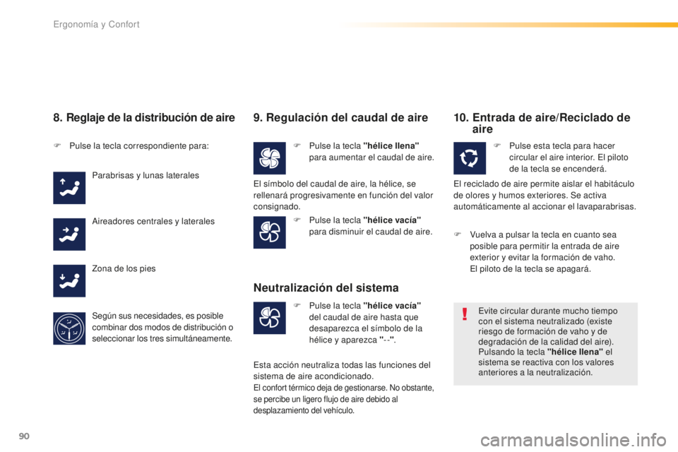 Peugeot 508 2016 Manual del propietario (in Spanish) 90
508_es_Chap03_ergonomie-et-confort_ed01-2016
8. Reglaje de la distribución de aire
F Pulse la tecla correspondiente para:P arabrisas y lunas laterales
Aireadores centrales y laterales
Zona de los Peugeot 508 2016 Manual del propietario (in Spanish) 90
508_es_Chap03_ergonomie-et-confort_ed01-2016
8. Reglaje de la distribución de aire
F Pulse la tecla correspondiente para:P arabrisas y lunas laterales
Aireadores centrales y laterales
Zona de los