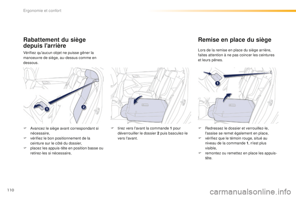 Peugeot 508 2016 Manuel du propriétaire (in French) 110
Rabattement du siège
depuis l'arrière
Vérifiez qu'aucun objet ne puisse gêner la
manoeuvre de siège, au-dessus comme en
dessous.
Remise en place du siège
Lors de la remise en plac Peugeot 508 2016 Manuel du propriétaire (in French) 110
Rabattement du siège
depuis l'arrière
Vérifiez qu'aucun objet ne puisse gêner la
manoeuvre de siège, au-dessus comme en
dessous.
Remise en place du siège
Lors de la remise en plac