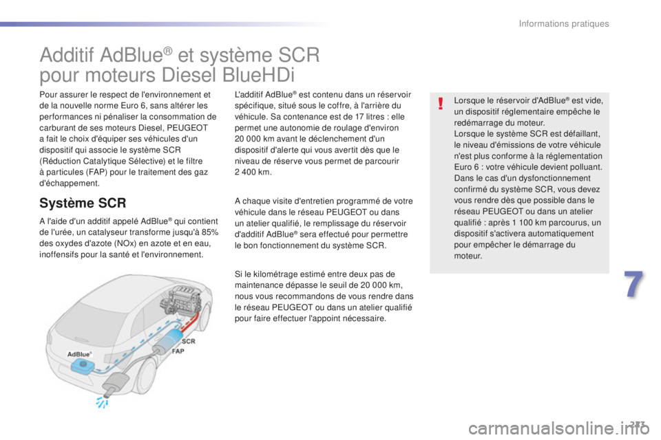 Peugeot 508 2016 Manuel du propriétaire (in French) 223
Additif AdBlue® et système SCR
pour moteurs Diesel BlueHDi
Pour assurer le respect de l'environnement et
de la nouvelle norme Euro 6, sans altérer les
performances ni pénaliser la consom Peugeot 508 2016 Manuel du propriétaire (in French) 223
Additif AdBlue® et système SCR
pour moteurs Diesel BlueHDi
Pour assurer le respect de l'environnement et
de la nouvelle norme Euro 6, sans altérer les
performances ni pénaliser la consom
