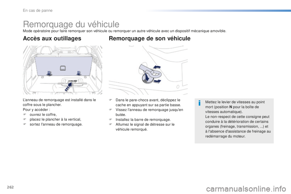 Peugeot 508 2016  Manuel du propriétaire (in French) 262
Remorquage du véhiculeMode opératoire pour faire remorquer son véhicule ou remorquer un autre véhicule avec un dispositif mécanique amovible.
Remorquage de son véhicule
Accès aux outillages