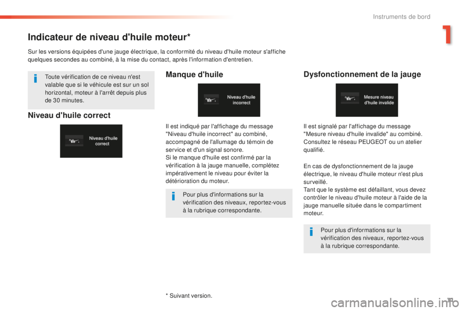 Peugeot 508 2016  Manuel du propriétaire (in French) 31
Indicateur de niveau d'huile moteur*
Manque d'huileDysfonctionnement de la jauge
En cas de dysfonctionnement de la jauge 
électrique, le niveau d'huile moteur n'est plus 
surveill�