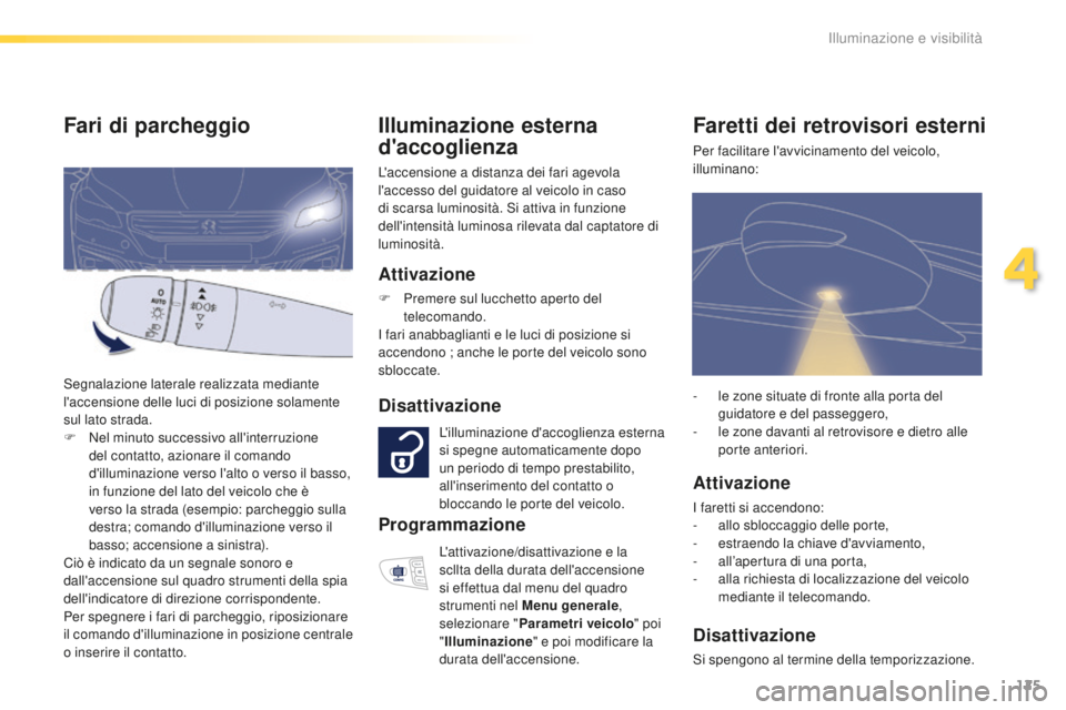 Peugeot 508 2016 Manuale del proprietario (in Italian) 125
508_it_Chap04_eclairage-et-visibilite_ed01-2016
illuminazione esterna
d 'accoglienza
L'accensione a distanza dei fari agevola
l'accesso del guidatore al veicolo in caso
di scarsa lu Peugeot 508 2016 Manuale del proprietario (in Italian) 125
508_it_Chap04_eclairage-et-visibilite_ed01-2016
illuminazione esterna
d 'accoglienza
L'accensione a distanza dei fari agevola
l'accesso del guidatore al veicolo in caso
di scarsa lu
