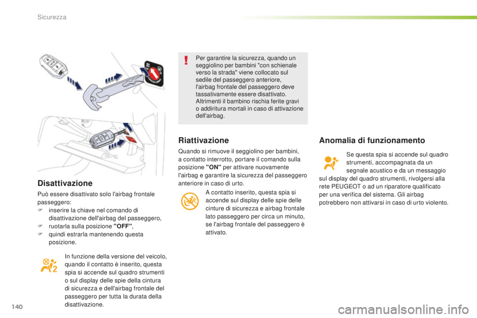 Peugeot 508 2016 Manuale del proprietario (in Italian) 140
508_it_Chap05_securite_ed01-2016
disattivazione
Può essere disattivato solo l'airbag frontale
passeggero:
F
in
serire la chiave nel comando di
disattivazione dell'airbag del passeggero Peugeot 508 2016 Manuale del proprietario (in Italian) 140
508_it_Chap05_securite_ed01-2016
disattivazione
Può essere disattivato solo l'airbag frontale
passeggero:
F
in
serire la chiave nel comando di
disattivazione dell'airbag del passeggero