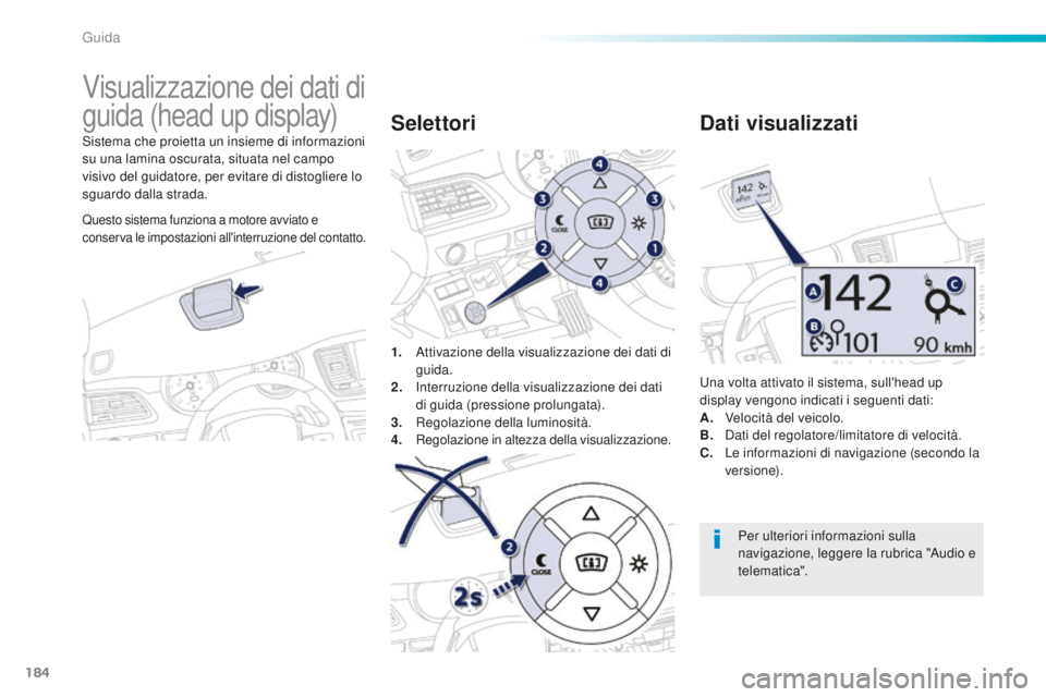 Peugeot 508 2016  Manuale del proprietario (in Italian) 184
508_it_Chap06_conduite_ed01-2016
Visualizzazione dei dati di 
guida (head up display)
Sistema che proietta un insieme di informazioni 
su una lamina oscurata, situata nel campo 
visivo del guidato