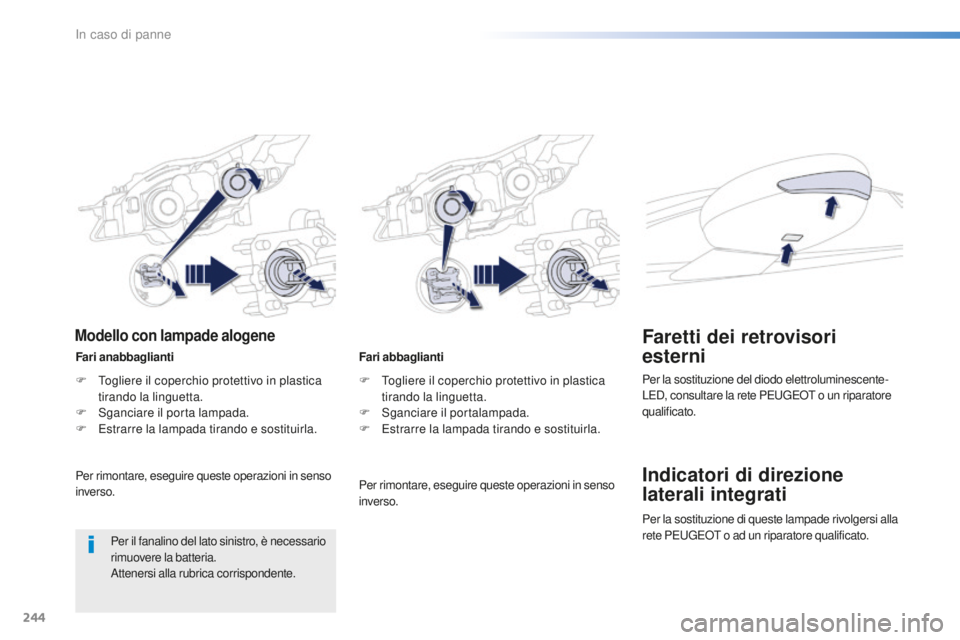 Peugeot 508 2016 Manuale del proprietario (in Italian) 244
508_it_Chap08_en-cas-de-pannes_ed01-2016
Fari abbaglianti
F
To
gliere il coperchio protettivo in plastica
tirando la linguetta.
F
Sg
anciare il portalampada.
F
Es
trarre la lampada tirando e Peugeot 508 2016 Manuale del proprietario (in Italian) 244
508_it_Chap08_en-cas-de-pannes_ed01-2016
Fari abbaglianti
F
To
gliere il coperchio protettivo in plastica
tirando la linguetta.
F
Sg
anciare il portalampada.
F
Es
trarre la lampada tirando e