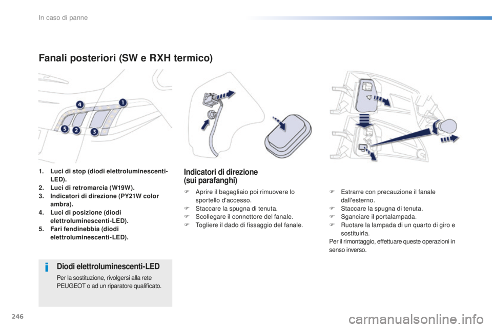 Peugeot 508 2016 Manuale del proprietario (in Italian) 246
508_it_Chap08_en-cas-de-pannes_ed01-2016
1. Luci di stop (diodi elettroluminescenti-
Led).
2. Luci
di retromarcia (W19W).
3.
indic
atori di direzione (PY21W color
ambra).
4.
Luci
di posiz Peugeot 508 2016 Manuale del proprietario (in Italian) 246
508_it_Chap08_en-cas-de-pannes_ed01-2016
1. Luci di stop (diodi elettroluminescenti-
Led).
2. Luci
di retromarcia (W19W).
3.
indic
atori di direzione (PY21W color
ambra).
4.
Luci
di posiz