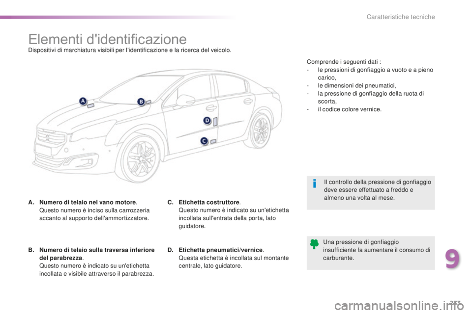 Peugeot 508 2016 Manuale del proprietario (in Italian) 273
508_it_Chap09_caracteristiques-techniques_ed01-2016
Elementi d'identificazioneDispositivi di marchiatura visibili per l'identificazione e la ricerca del veicolo.
a. Nu
mero di telaio nel v Peugeot 508 2016 Manuale del proprietario (in Italian) 273
508_it_Chap09_caracteristiques-techniques_ed01-2016
Elementi d'identificazioneDispositivi di marchiatura visibili per l'identificazione e la ricerca del veicolo.
a. Nu
mero di telaio nel v
