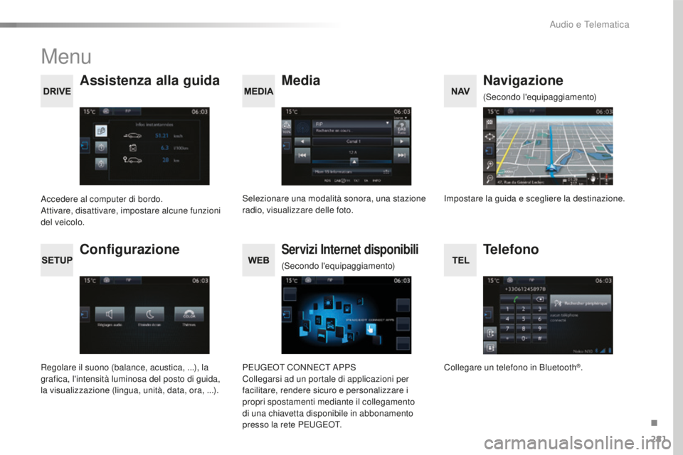 Peugeot 508 2016  Manuale del proprietario (in Italian) 281
508_it_Chap10c_SMEGplus_ed01-2016
Menu
Mediaass
istenza alla guida Navigazione
Selezionare una modalità sonora, una stazione 
radio, visualizzare delle foto.
Accedere al computer di bordo.
Attiva