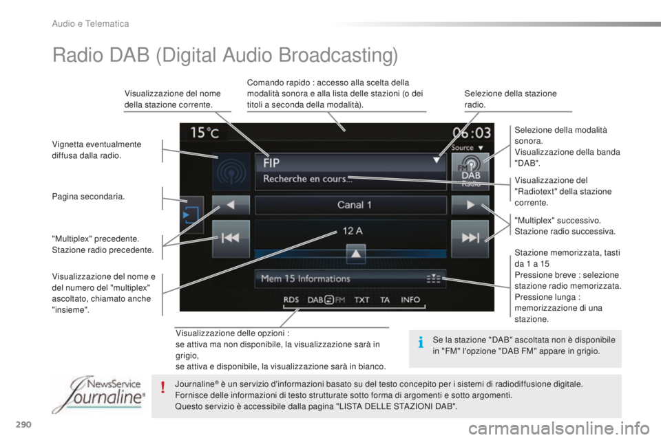 Peugeot 508 2016 Manuale del proprietario (in Italian) 290
508_it_Chap10c_SMEGplus_ed01-2016
Visualizzazione delle opzioni :
se attiva ma non disponibile, la visualizzazione sarà in
grigio,
se attiva e disponibile, la visualizzazione sarà in bianco.Vis Peugeot 508 2016 Manuale del proprietario (in Italian) 290
508_it_Chap10c_SMEGplus_ed01-2016
Visualizzazione delle opzioni :
se attiva ma non disponibile, la visualizzazione sarà in
grigio,
se attiva e disponibile, la visualizzazione sarà in bianco.Vis