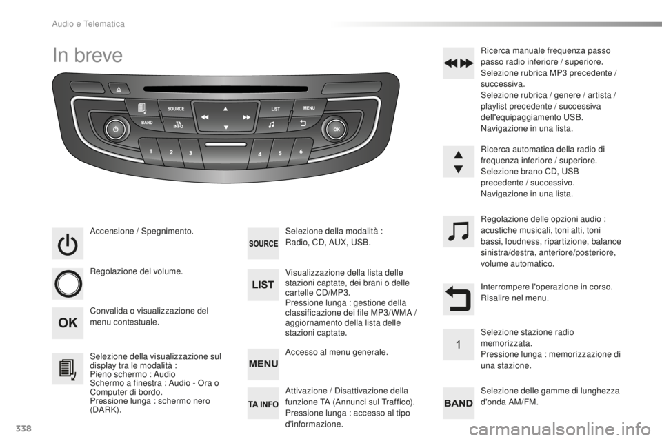 Peugeot 508 2016  Manuale del proprietario (in Italian) 338
508_it_Chap10d_RD5_ed01-2016
In breve
Accensione / Spegnimento.
Regolazione del volume.
Selezione della visualizzazione sul 
display tra le modalità :
Pieno schermo : Audio
Schermo a finestra : A