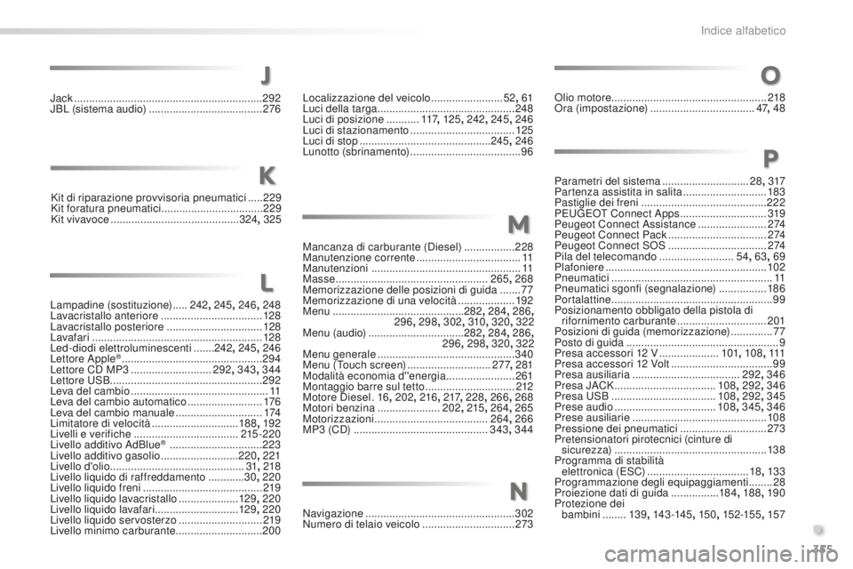 Peugeot 508 2016 Manuale del proprietario (in Italian) 355
508_it_Chap11_index-alpha_ed01-2016
Jack ...............................................................2 92
JBL (sistema audio) ...................................... 276
K
it di riparazione prov Peugeot 508 2016 Manuale del proprietario (in Italian) 355
508_it_Chap11_index-alpha_ed01-2016
Jack ...............................................................2 92
JBL (sistema audio) ...................................... 276
K
it di riparazione prov