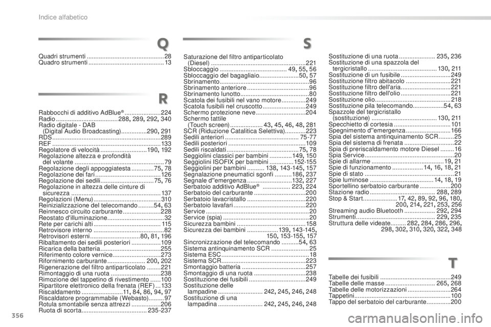 Peugeot 508 2016 Manuale del proprietario (in Italian) 356
508_it_Chap11_index-alpha_ed01-2016
Quadri strumenti .............................................28
Quadro strumenti ............................................ 13
Ra
bbocchi di additivo AdBlue
Peugeot 508 2016 Manuale del proprietario (in Italian) 356
508_it_Chap11_index-alpha_ed01-2016
Quadri strumenti .............................................28
Quadro strumenti ............................................ 13
Ra
bbocchi di additivo AdBlue