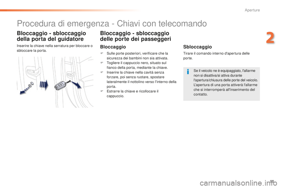 Peugeot 508 2016  Manuale del proprietario (in Italian) 53
508_it_Chap02_ouvertures_ed01-2016
Procedura di emergenza - Chiavi con telecomando
Bloccaggio - sbloccaggio 
della porta del guidatore
Inserire la chiave nella serratura per bloccare o 
sbloccare l