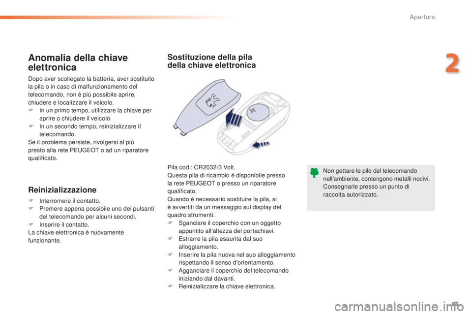 Peugeot 508 2016  Manuale del proprietario (in Italian) 63
508_it_Chap02_ouvertures_ed01-2016
Non gettare le pile del telecomando 
nell'ambiente, contengono metalli nocivi.
Consegnarle presso un punto di 
raccolta autorizzato.
Sostituzione della pila 
