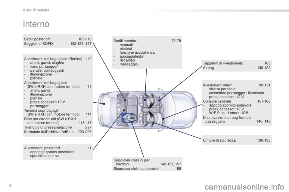 Peugeot 508 2016  Manuale del proprietario (in Italian) 6
508_it_Chap00b_vue-ensemble_ed01-2016
Interno
Allestimenti del bagagliaio (Berlina) 112
- ane lli, ganci, cinghie
-
 va

no portaoggetti
-
 pa

ratie, portaoggetti
-
 i

lluminazione
-
 p

ianale
Al