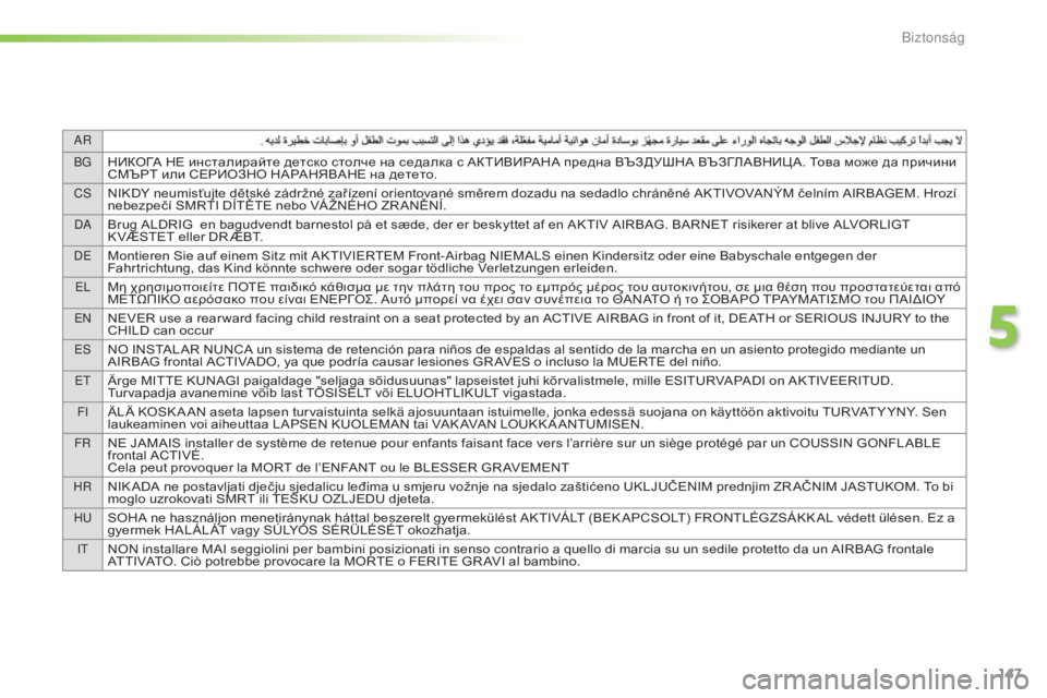 Peugeot 508 2016  Kezelési útmutató (in Hungarian) 147
AR
B g
НИКОГА НЕ инсталирайте детско столче на седалка с АКТИВИРАНА предна ВЪЗДУШНА ВЪЗГЛАВНИЦ А. Това може д�