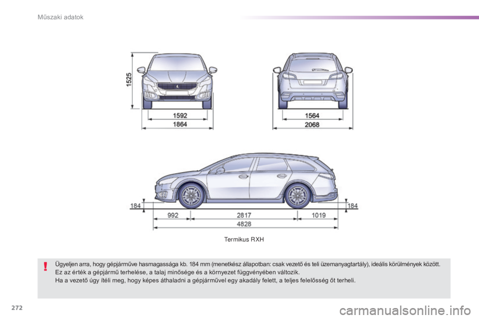 Peugeot 508 2016 Kezelési útmutató (in Hungarian) 272
508_hu_Chap09_caracteristiques-techniques_ed01-2016
termikus RXH
Ügyeljen arra, hogy gépjárműve hasmagassága kb. 184 mm (menetkész állapotban: csak vezető és teli üzemanyagtartály), ide Peugeot 508 2016 Kezelési útmutató (in Hungarian) 272
508_hu_Chap09_caracteristiques-techniques_ed01-2016
termikus RXH
Ügyeljen arra, hogy gépjárműve hasmagassága kb. 184 mm (menetkész állapotban: csak vezető és teli üzemanyagtartály), ide