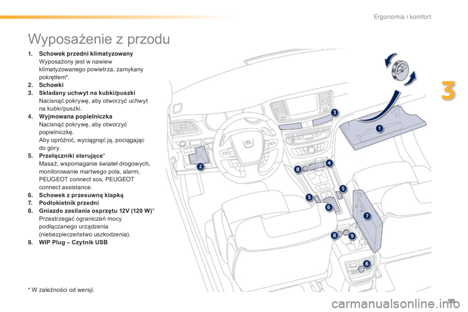 Peugeot 508 2016  Instrukcja Obsługi (in Polish) 99
508_pl_Chap03_ergonomie-et-confort_ed01-2016
Wyposażenie z przodu
1. Schowek przedni klimatyzowany  W
yposażony jest w   nawiew 
klimatyzowanego powietrza, zamykany 
p o k r ęt ł e m*.
2.
 Sc

