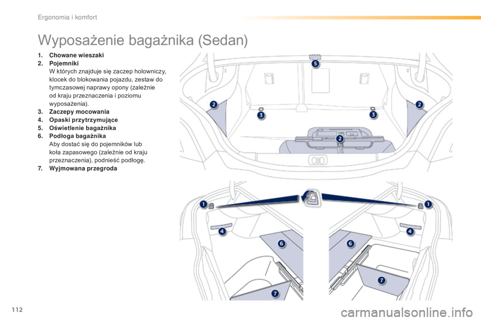 Peugeot 508 2016 Instrukcja Obsługi (in Polish) 112
508_pl_Chap03_ergonomie-et-confort_ed01-2016
Wyposażenie bagażnika (Sedan)
1. Chowane wieszaki
2. Pojemniki
W k
tórych znajduje się zaczep holowniczy,
klocek do blokowania pojazdu, zestaw d Peugeot 508 2016 Instrukcja Obsługi (in Polish) 112
508_pl_Chap03_ergonomie-et-confort_ed01-2016
Wyposażenie bagażnika (Sedan)
1. Chowane wieszaki
2. Pojemniki
W k
tórych znajduje się zaczep holowniczy,
klocek do blokowania pojazdu, zestaw d