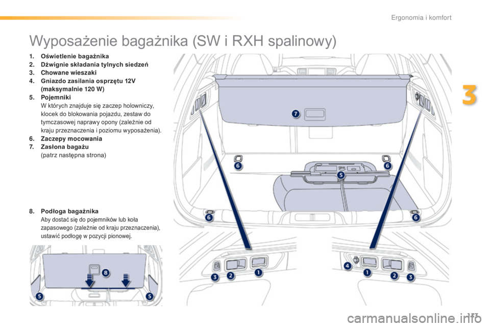 Peugeot 508 2016 Instrukcja Obsługi (in Polish) 113
508_pl_Chap03_ergonomie-et-confort_ed01-2016
Wyposażenie bagażnika (SW i RXH spalinowy)
1. Oświetlenie bagażnika
2. Dźwignie składania tylnych siedzeń
3.
C
howane wieszaki
4.
G
niazdo z Peugeot 508 2016 Instrukcja Obsługi (in Polish) 113
508_pl_Chap03_ergonomie-et-confort_ed01-2016
Wyposażenie bagażnika (SW i RXH spalinowy)
1. Oświetlenie bagażnika
2. Dźwignie składania tylnych siedzeń
3.
C
howane wieszaki
4.
G
niazdo z