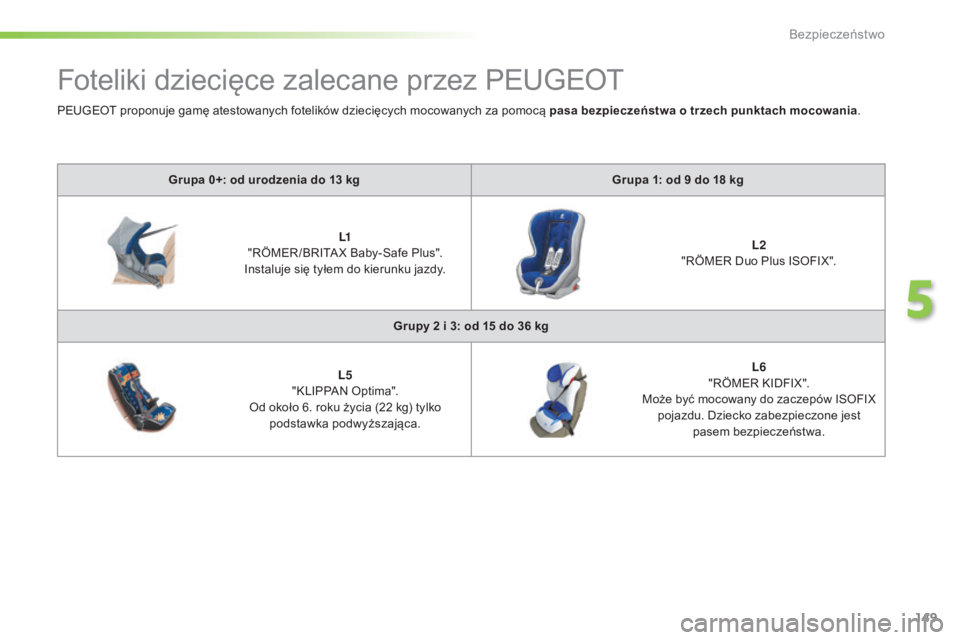 Peugeot 508 2016 Instrukcja Obsługi (in Polish) 149
508_pl_Chap05_securite_ed01-2016
Foteliki dziecięce zalecane przez PEUGEOT
Grupa 0+: od urodzenia do 13 kgG rupa 1: od 9 do 18 kg
L1
"
RÖMER /BRITA X Baby-Safe Plus".
Instaluje si Peugeot 508 2016 Instrukcja Obsługi (in Polish) 149
508_pl_Chap05_securite_ed01-2016
Foteliki dziecięce zalecane przez PEUGEOT
Grupa 0+: od urodzenia do 13 kgG rupa 1: od 9 do 18 kg
L1
"
RÖMER /BRITA X Baby-Safe Plus".
Instaluje si