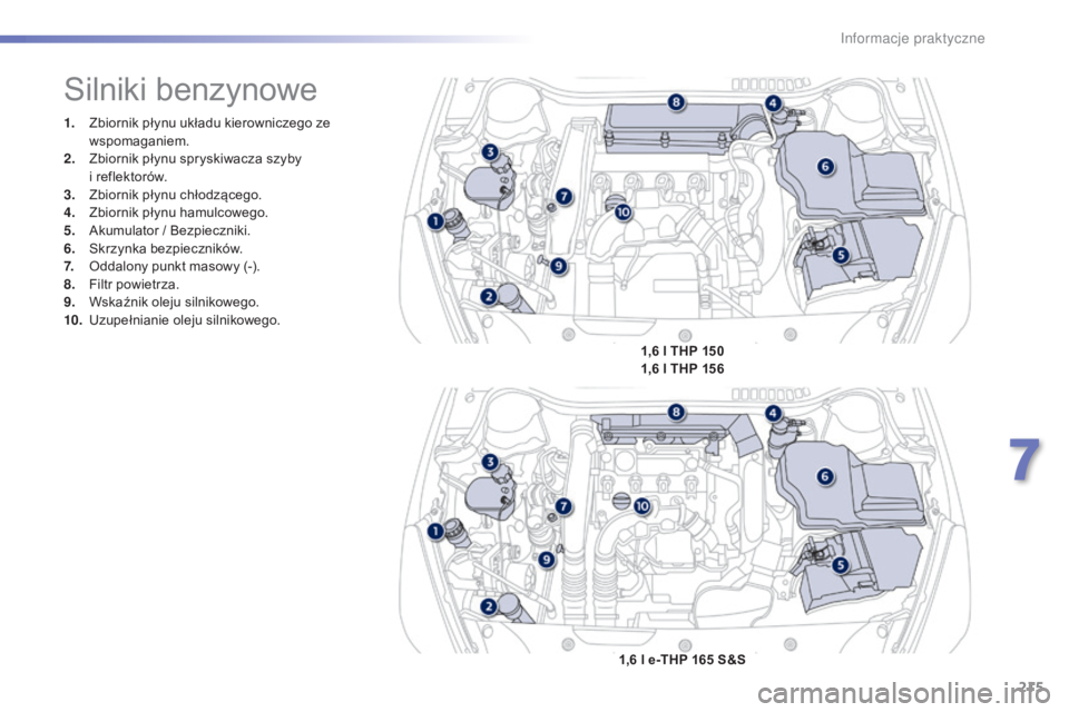 Peugeot 508 2016  Instrukcja Obsługi (in Polish) 215
508_pl_Chap07_info-pratiques_ed01-2016
1. Zbiornik płynu układu kierowniczego ze wspomaganiem.
2.
 Z

biornik płynu spryskiwacza szyby 
i
  reflektorów.
3.
 Z

biornik płynu chłodzącego.
4.