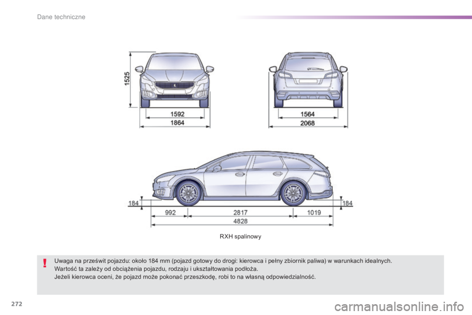 Peugeot 508 2016 Instrukcja Obsługi (in Polish) 272
508_pl_Chap09_caracteristiques-techniques_ed01-2016
RXH spalinowy
Uwaga na prześwit pojazdu: około 184 mm (pojazd gotowy do drogi: kierowca i pełny zbiornik paliwa) w warunkach idealnych.
Warto Peugeot 508 2016 Instrukcja Obsługi (in Polish) 272
508_pl_Chap09_caracteristiques-techniques_ed01-2016
RXH spalinowy
Uwaga na prześwit pojazdu: około 184 mm (pojazd gotowy do drogi: kierowca i pełny zbiornik paliwa) w warunkach idealnych.
Warto