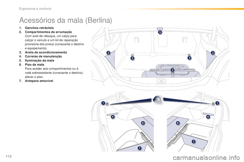 Peugeot 508 2016  Manual do proprietário (in Portuguese) 112
508_pt_Chap03_ergonomie-et-confort_ed01-2016
Acessórios da mala (Berlina)
1. Ganchos retrácteis
2. Compartimentos de arrumação
 C

om anel de reboque, um calço para 
calçar o veículo e um k