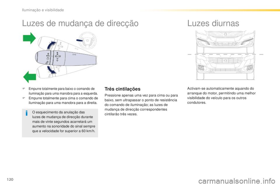 Peugeot 508 2016  Manual do proprietário (in Portuguese) 120
508_pt_Chap04_eclairage-et-visibilite_ed01-2016
Activam-se automaticamente aquando do 
arranque do motor, permitindo uma melhor 
visibilidade do veículo para os outros 
condutores.
Luzes diurnas
