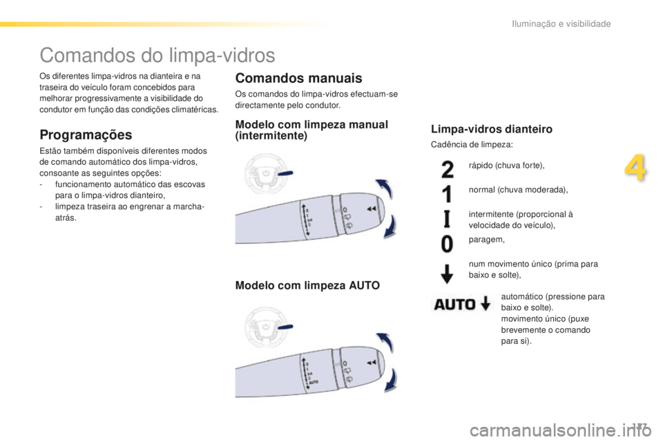 Peugeot 508 2016  Manual do proprietário (in Portuguese) 127
508_pt_Chap04_eclairage-et-visibilite_ed01-2016
Comandos do limpa-vidros
Programações
Estão também disponíveis diferentes modos 
de comando automático dos limpa-vidros, 
consoante as seguint