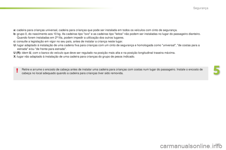 Peugeot 508 2016 Manual do proprietário (in Portuguese) 151
508_pt_Chap05_securite_ed01-2016
a: cadeira para crianças universal, cadeira para crianças que pode ser instalada em todos os veículos com cinto de segurança.
b:
g rupo 0, do nascimento aos Peugeot 508 2016 Manual do proprietário (in Portuguese) 151
508_pt_Chap05_securite_ed01-2016
a: cadeira para crianças universal, cadeira para crianças que pode ser instalada em todos os veículos com cinto de segurança.
b:
g rupo 0, do nascimento aos