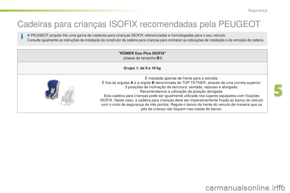 Peugeot 508 2016 Manual do proprietário (in Portuguese) 153
508_pt_Chap05_securite_ed01-2016
Cadeiras para crianças ISOFIX recomendadas pela PEUGEOT
"RÖMER Duo Plus ISOFIX" (classe de tamanho B1 )
Grupo 1: de 9
a 18 kg
É instalada apenas de Peugeot 508 2016 Manual do proprietário (in Portuguese) 153
508_pt_Chap05_securite_ed01-2016
Cadeiras para crianças ISOFIX recomendadas pela PEUGEOT
"RÖMER Duo Plus ISOFIX" (classe de tamanho B1 )
Grupo 1: de 9
a 18 kg
É instalada apenas de