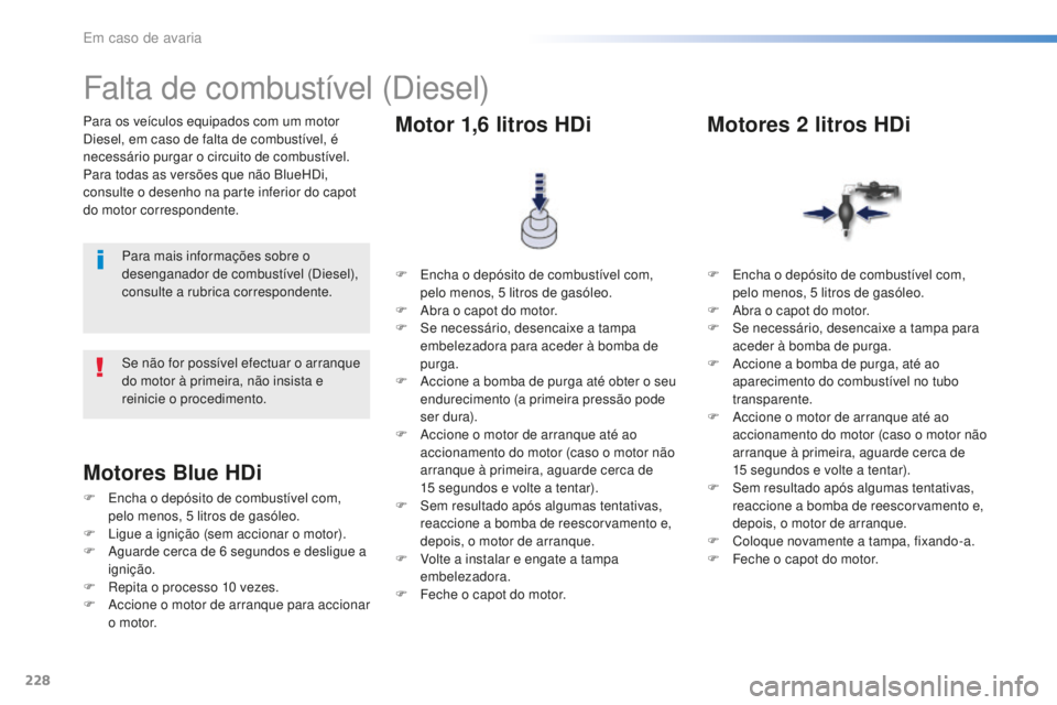 Peugeot 508 2016  Manual do proprietário (in Portuguese) 228
508_pt_Chap08_en-cas-de-pannes_ed01-2016
Para os veículos equipados com um motor 
Diesel, em caso de falta de combustível, é 
necessário purgar o circuito de combustível.
Para todas as versõ