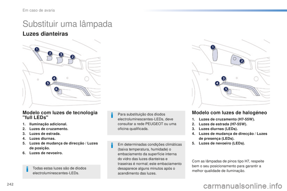 Peugeot 508 2016 Manual do proprietário (in Portuguese) 242
508_pt_Chap08_en-cas-de-pannes_ed01-2016
Substituir uma lâmpada
Luzes dianteiras
Modelo com luzes de tecnologia
"full LEDs"
1. Iluminação adicional.
2. L uzes de cruzamento .
3.
L
uz Peugeot 508 2016 Manual do proprietário (in Portuguese) 242
508_pt_Chap08_en-cas-de-pannes_ed01-2016
Substituir uma lâmpada
Luzes dianteiras
Modelo com luzes de tecnologia
"full LEDs"
1. Iluminação adicional.
2. L uzes de cruzamento .
3.
L
uz