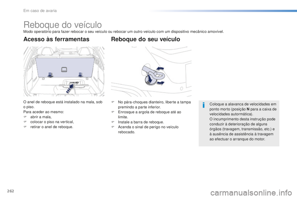 Peugeot 508 2016 Manual do proprietário (in Portuguese) 262
508_pt_Chap08_en-cas-de-pannes_ed01-2016
Reboque do veículoModo operatório para fazer rebocar o seu veículo ou rebocar um outro veículo com um dispositivo mecânico amovível.
Reboque do seu v Peugeot 508 2016 Manual do proprietário (in Portuguese) 262
508_pt_Chap08_en-cas-de-pannes_ed01-2016
Reboque do veículoModo operatório para fazer rebocar o seu veículo ou rebocar um outro veículo com um dispositivo mecânico amovível.
Reboque do seu v