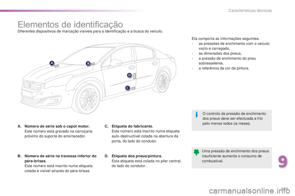 Peugeot 508 2016  Manual do proprietário (in Portuguese) 273
508_pt_Chap09_caracteristiques-techniques_ed01-2016
Elementos de identificaçãoDiferentes dispositivos de marcação visíveis para a identificação e a busca do veículo.
A.
 N
úmero de série