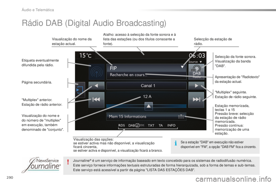 Peugeot 508 2016  Manual do proprietário (in Portuguese) 290
508_pt_Chap10c_SMEGplus_ed01-2016
Visualização das opções:
se estiver activa mas não disponível, a visualização 
ficará cinzenta,
se estiver activa e disponível, a visualização ficará