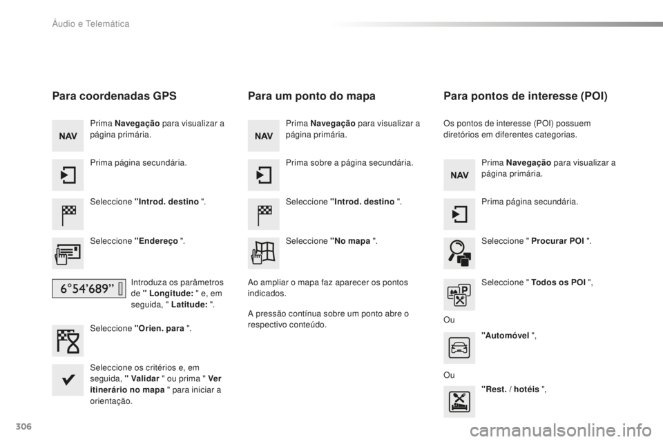 Peugeot 508 2016  Manual do proprietário (in Portuguese) 306
508_pt_Chap10c_SMEGplus_ed01-2016
Para coordenadas GPS
Seleccione "Introd. destino ".
Seleccione "Endereço  ".
Introduza os parâmetros 
de " Longitude:  " e, em 
seguida,