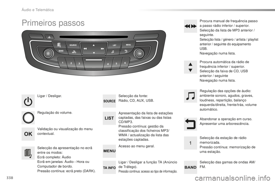 Peugeot 508 2016  Manual do proprietário (in Portuguese) 338
508_pt_Chap10d_RD5_ed01-2016
Primeiros passos
Ligar / Desligar.
Regulação do volume.
Selecção da apresentação no ecrã 
entre os modos:
Ecrã completo: Áudio
Ecrã em janelas: Áudio - Hora
