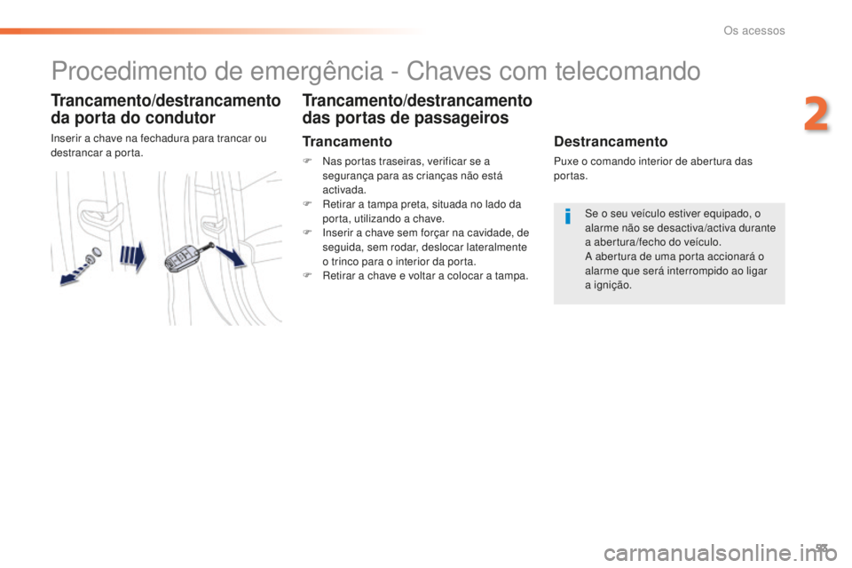 Peugeot 508 2016  Manual do proprietário (in Portuguese) 53
508_pt_Chap02_ouvertures_ed01-2016
Procedimento de emergência - Chaves com telecomando
Trancamento/destrancamento 
da porta do condutor
Inserir a chave na fechadura para trancar ou 
destrancar a p