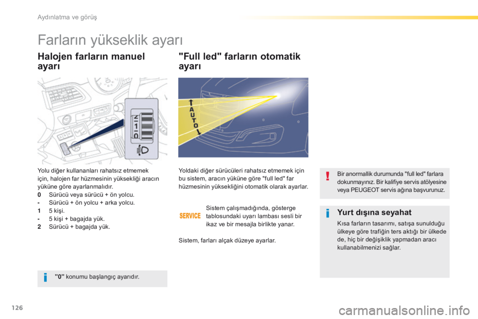 Peugeot 508 2016  Kullanım Kılavuzu (in Turkish) 126
508_tr_Chap04_eclairage-et-visibilite_ed01-2016
Halojen farların manuel 
ayarı"Full led" farların otomatik 
ayarı
Yolu diğer kullananları rahatsız etmemek 
için, halojen far hüzme