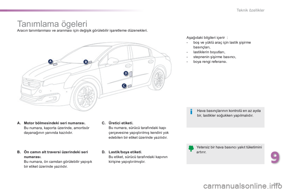 Peugeot 508 2016  Kullanım Kılavuzu (in Turkish) 273
508_tr_Chap09_caracteristiques-techniques_ed01-2016
Tanımlama ögeleriAracın tanımlanması ve aranması için değişik görülebilir işaretleme düzenekleri.
A.
 Mo
tor bölmesindeki seri num