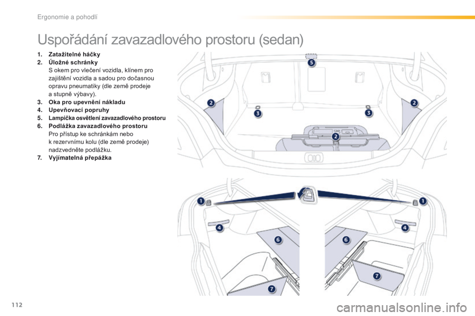 Peugeot 508 2016 Návod k obsluze (in Czech) 112
508_cs_Chap03_ergonomie-et-confort_ed01-2016
Uspořádání zavazadlového prostoru (sedan)
1. Zatažitelné háčky
2. Ú ložné schránky
S o
kem pro vlečení vozidla, klínem pro
zajiště Peugeot 508 2016 Návod k obsluze (in Czech) 112
508_cs_Chap03_ergonomie-et-confort_ed01-2016
Uspořádání zavazadlového prostoru (sedan)
1. Zatažitelné háčky
2. Ú ložné schránky
S o
kem pro vlečení vozidla, klínem pro
zajiště