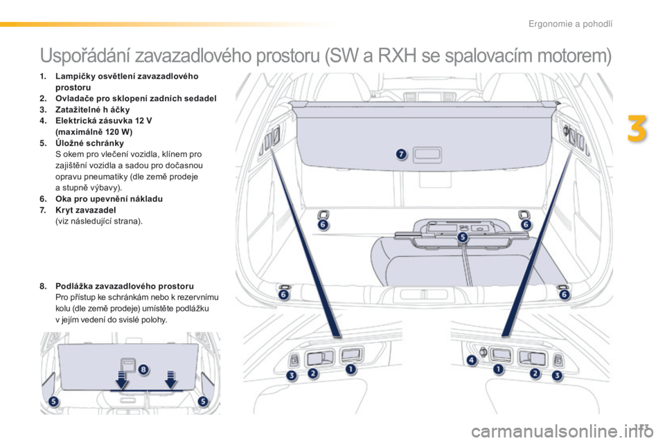 Peugeot 508 2016 Návod k obsluze (in Czech) 113
508_cs_Chap03_ergonomie-et-confort_ed01-2016
Uspořádání zavazadlového prostoru (SW a RXH se spalovacím motorem)
1. Lampičky osvětlení zavazadlového prostoru
2.
O
vladače pro sklopení Peugeot 508 2016 Návod k obsluze (in Czech) 113
508_cs_Chap03_ergonomie-et-confort_ed01-2016
Uspořádání zavazadlového prostoru (SW a RXH se spalovacím motorem)
1. Lampičky osvětlení zavazadlového prostoru
2.
O
vladače pro sklopení