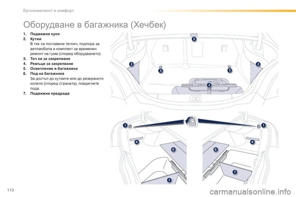 Peugeot 508 2016  Ръководство за експлоатация (in Bulgarian) 112
508_bg_Chap03_ergonomie-et-confort_ed01-2016
оборудване в багажника (Хечбек)
1. Подвижни куки
2. Кутии 
 

в  тях са поставени тегли