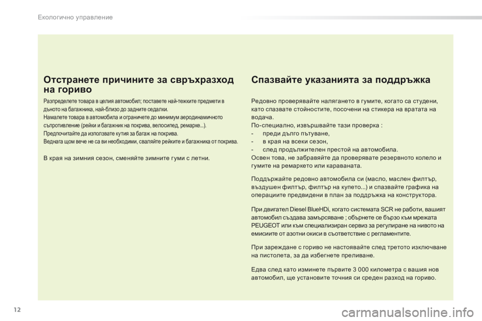 Peugeot 508 2016 Ръководство за експлоатация (in Bulgarian) 12
508_bg_Chap00c_eco-conduite_ed01-2016
Отстранете причините за свръхразход
на гориво
Разпределете товара в целия автомобил; Peugeot 508 2016 Ръководство за експлоатация (in Bulgarian) 12
508_bg_Chap00c_eco-conduite_ed01-2016
Отстранете причините за свръхразход
на гориво
Разпределете товара в целия автомобил;