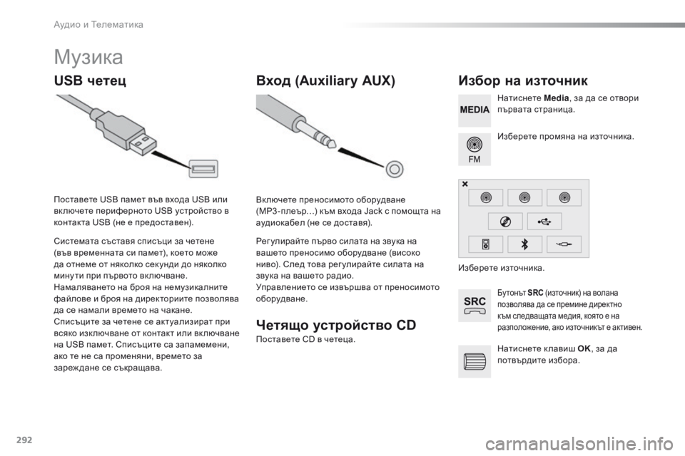 Peugeot 508 2016 Ръководство за експлоатация (in Bulgarian) 292
508_bg_Chap10c_SMEGplus_ed01-2016
Mузика
USB четецИзбор на източник
Бу т о н ът SRC (източник) на волана
позволява да се премин Peugeot 508 2016 Ръководство за експлоатация (in Bulgarian) 292
508_bg_Chap10c_SMEGplus_ed01-2016
Mузика
USB четецИзбор на източник
Бу т о н ът SRC (източник) на волана
позволява да се премин