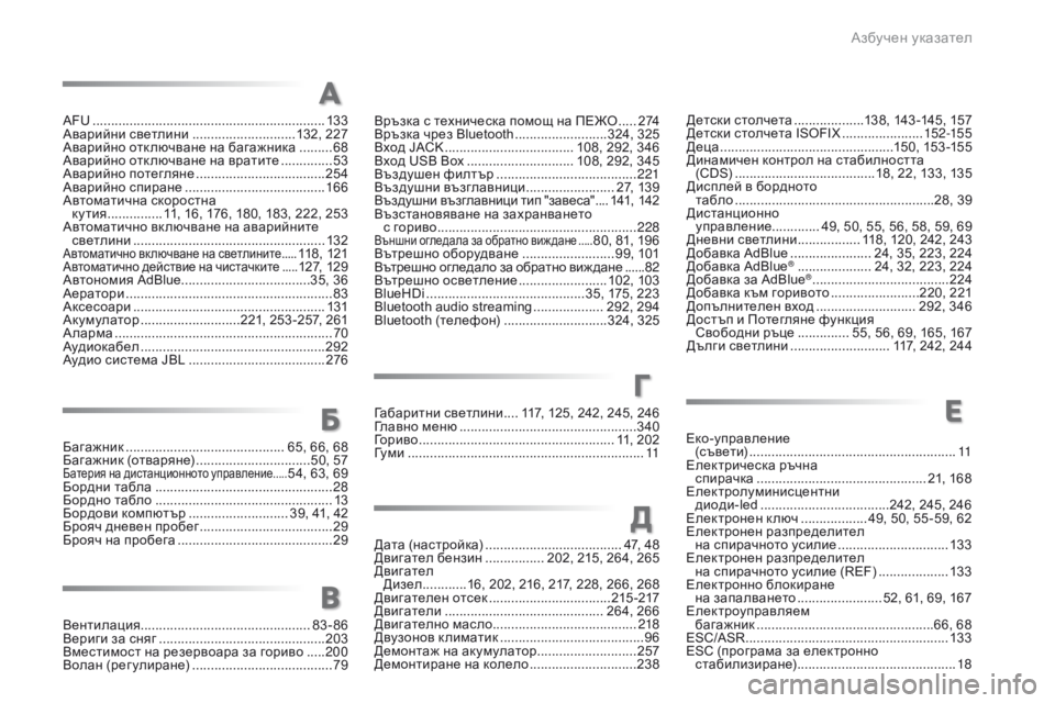 Peugeot 508 2016 Ръководство за експлоатация (in Bulgarian) 508_bg_Chap11_index-alpha_ed01-2016
AFU ...............................................................13 3ав
арийни светлини ............................1 32, 227
ав
арийно Peugeot 508 2016 Ръководство за експлоатация (in Bulgarian) 508_bg_Chap11_index-alpha_ed01-2016
AFU ...............................................................13 3ав
арийни светлини ............................1 32, 227
ав
арийно